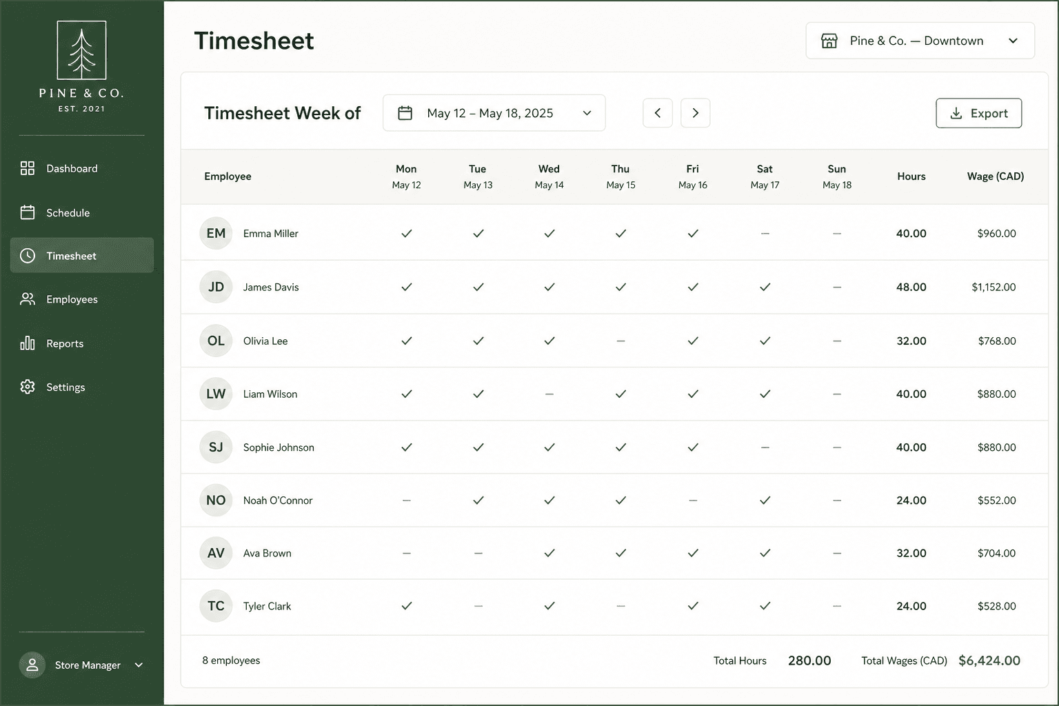 ionAI timesheet with hours and labor for the week