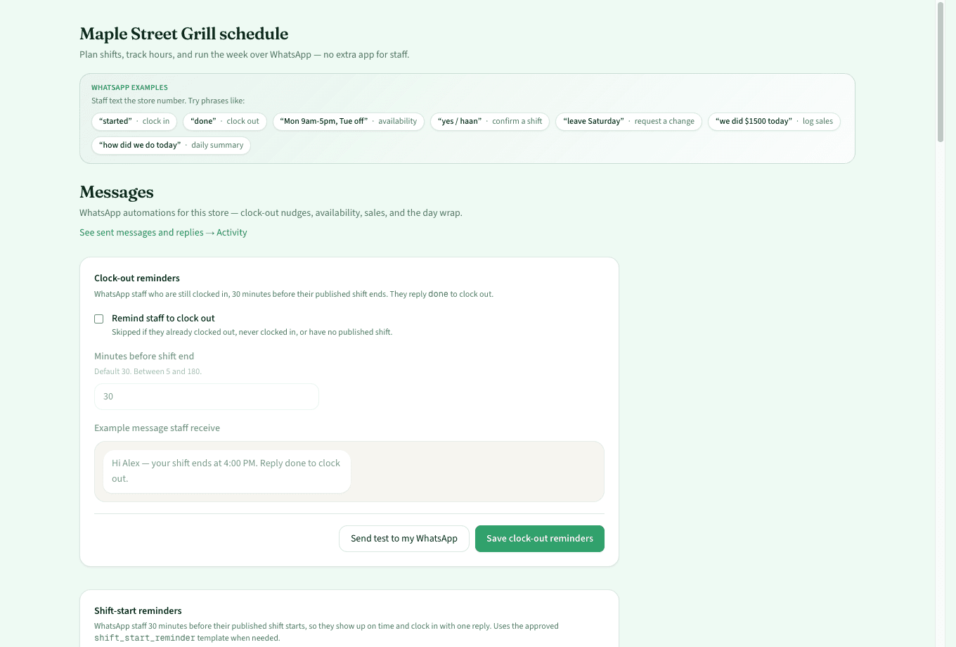 Messages — every automation in one place, with test sends to your own phone.