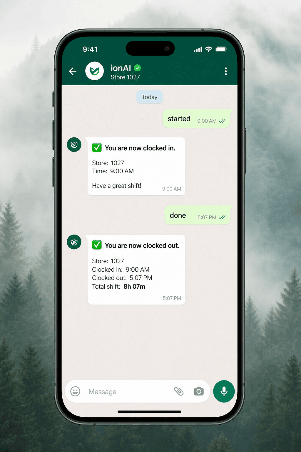 Staff WhatsApp chat clocking in with started and done